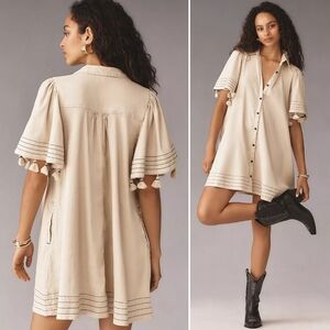 ANTHROPOLOGIE, Maeve Collared Linen Button-Front Tassel Mini Dress NWT